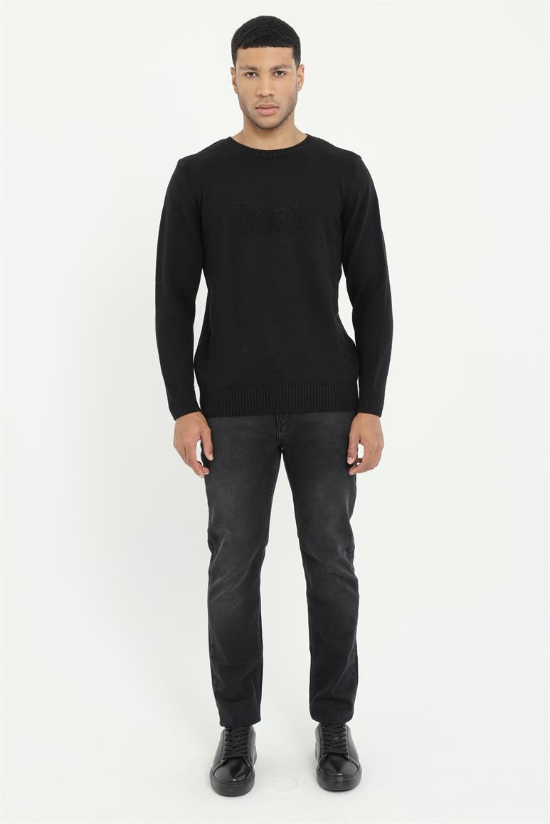 Siyah Bisiklet Yaka Slim Fit Erkek Triko