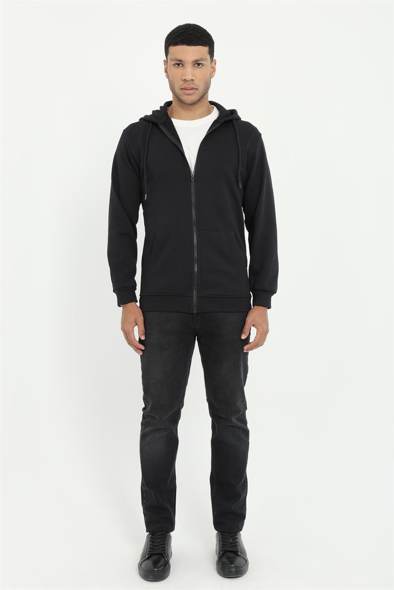 Siyah Fermuar Kapamalı Kapüşonlu Erkek Regular Fit Sweatshirt