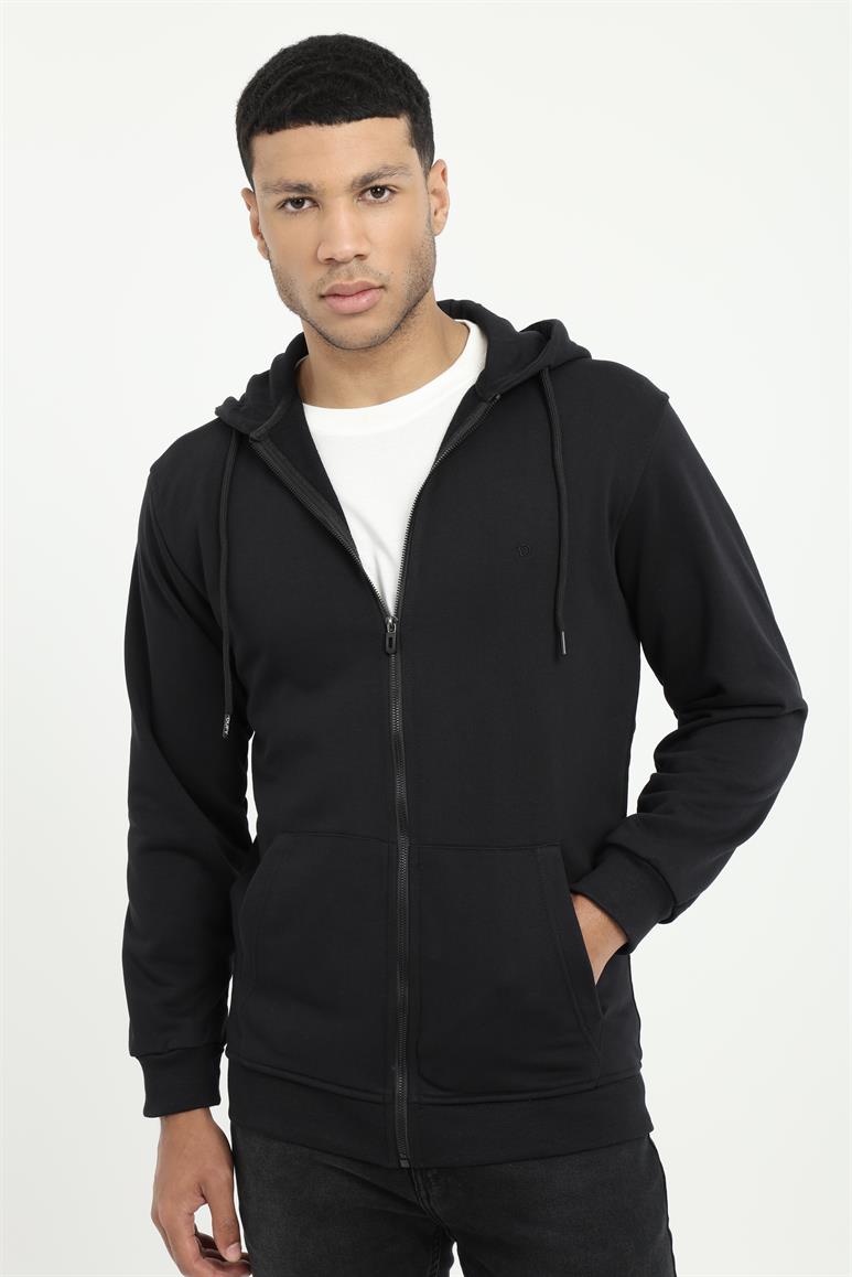 Siyah Fermuar Kapamalı Kapüşonlu Erkek Regular Fit Sweatshirt