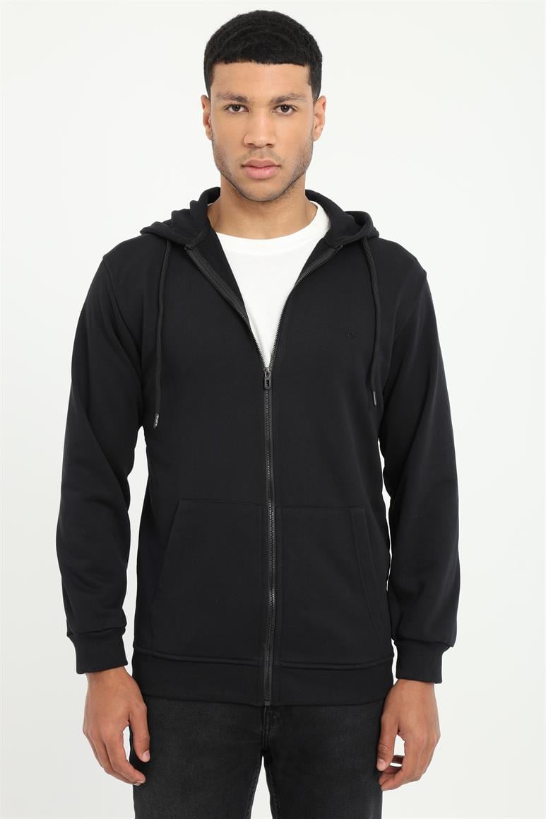 Siyah Fermuar Kapamalı Kapüşonlu Erkek Regular Fit Sweatshirt