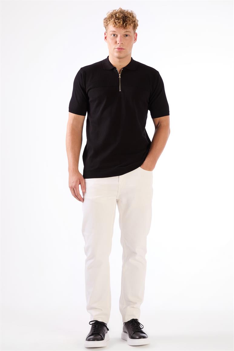 Siyah Fermuarlı Polo Yaka Kısa Kollu Örgü Slim Fit Erkek Triko