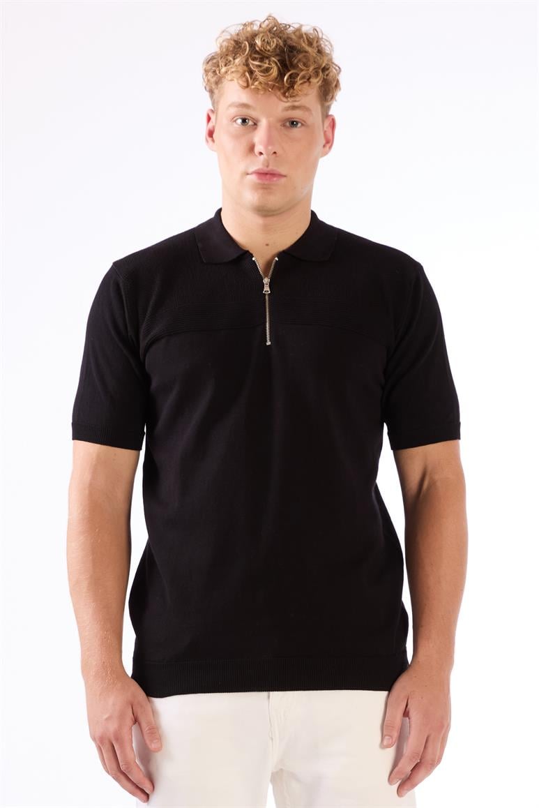 Siyah Fermuarlı Polo Yaka Kısa Kollu Örgü Slim Fit Erkek Triko