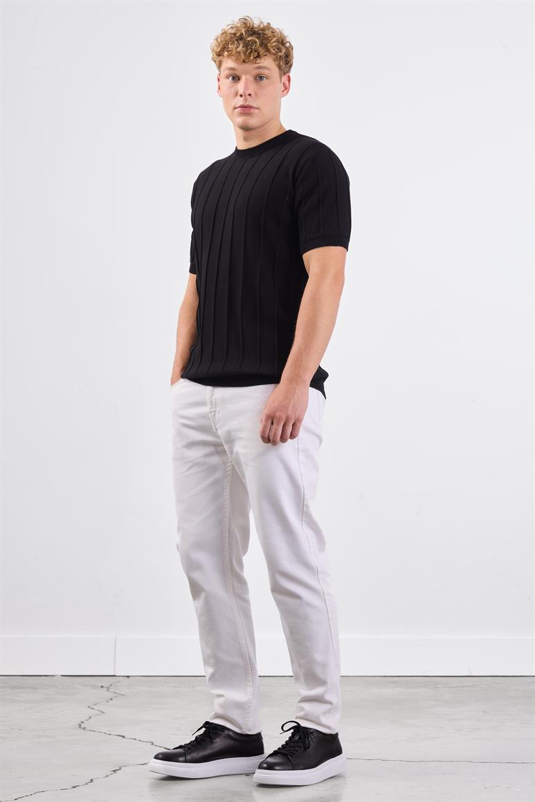 Siyah Çizgili Desen Kısa Kol Slim Fit Erkek Triko