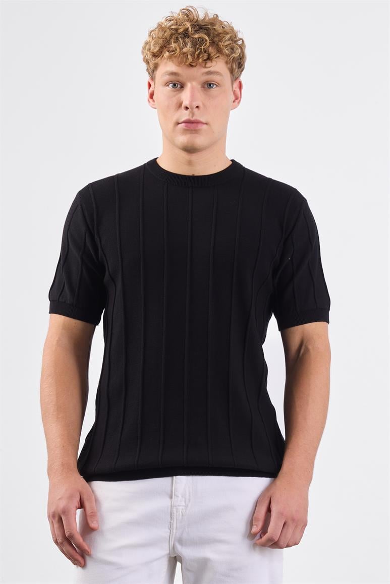 Siyah Çizgili Desen Kısa Kol Slim Fit Erkek Triko