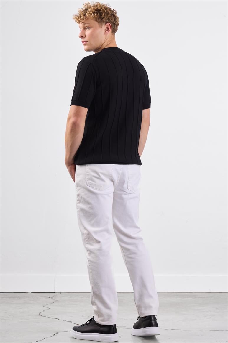 Siyah Çizgili Desen Kısa Kol Slim Fit Erkek Triko