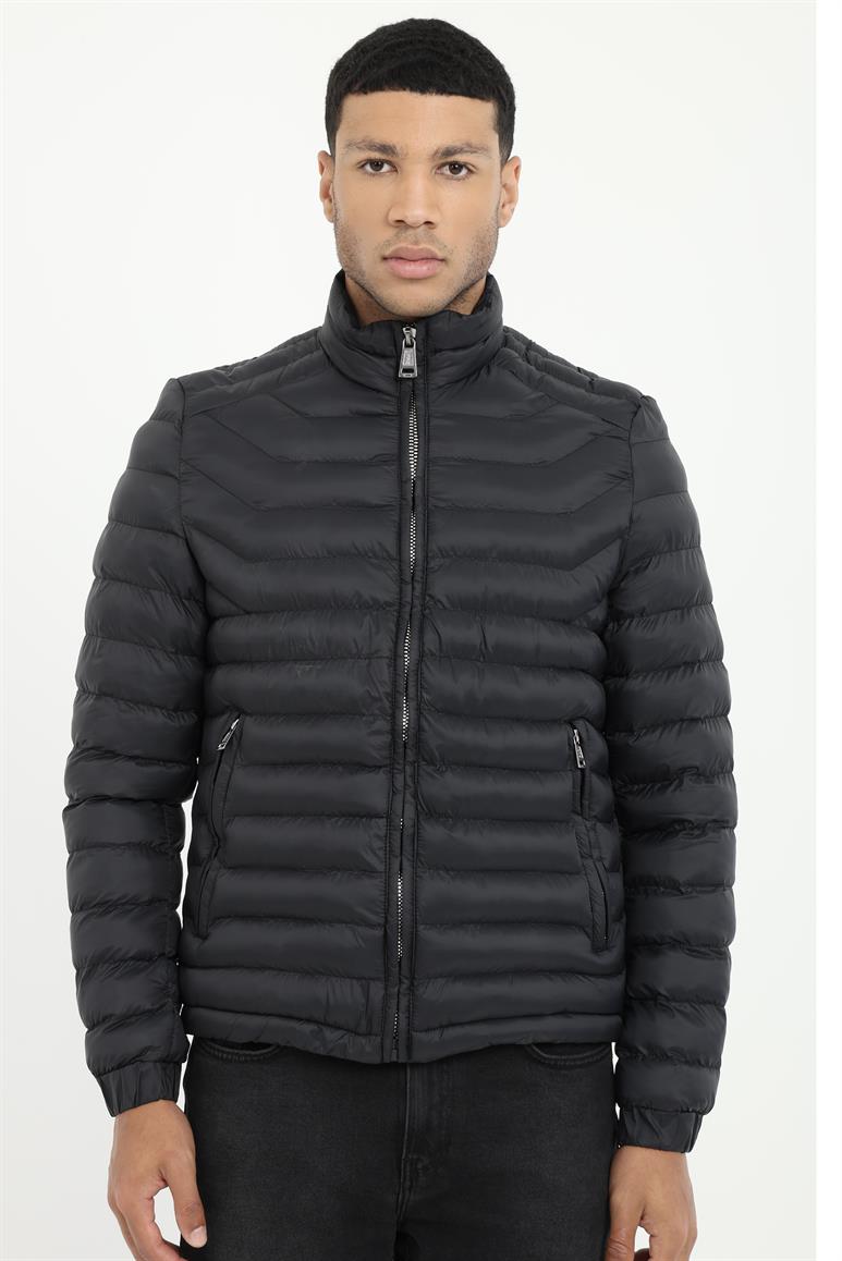 Siyah Kapitone Slim Fit Erkek Mont 