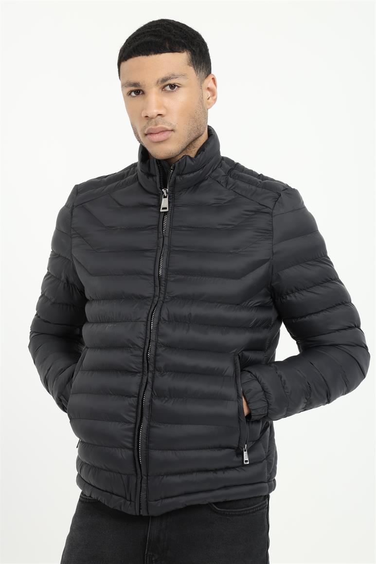 Siyah Kapitone Slim Fit Erkek Mont 