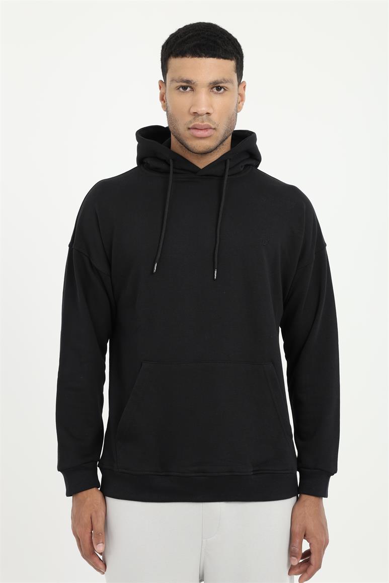 Siyah Kapüşonlu Kanguru Cepli Regular Fit Erkek Sweatshirt