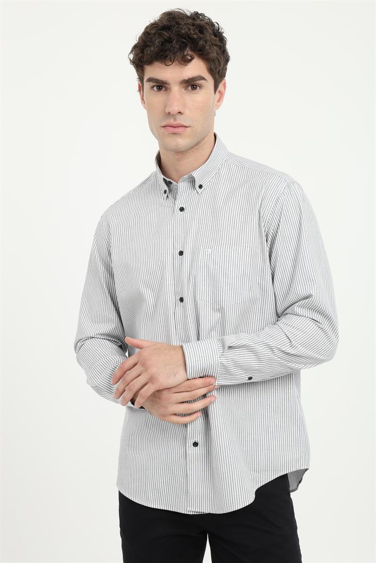 Siyah Çizgili Desen Regular  Fit Erkek Gömlek 