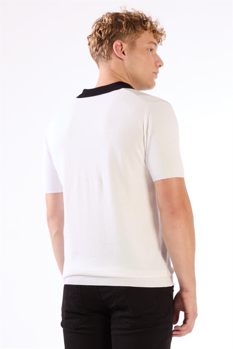 Siyah Polo V Yaka Blok Desen Kısa Kollu Slim Fit  Erkek Triko