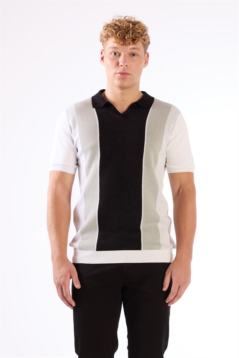 Siyah Polo V Yaka Blok Desen Kısa Kollu Slim Fit  Erkek Triko