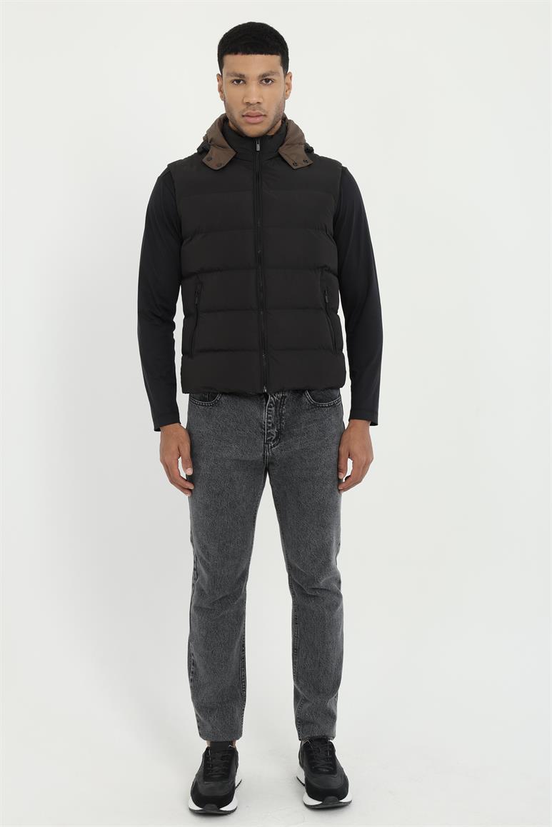Siyah Slim Fit Şişme Kapüşonlu Erkek Yelek Mont