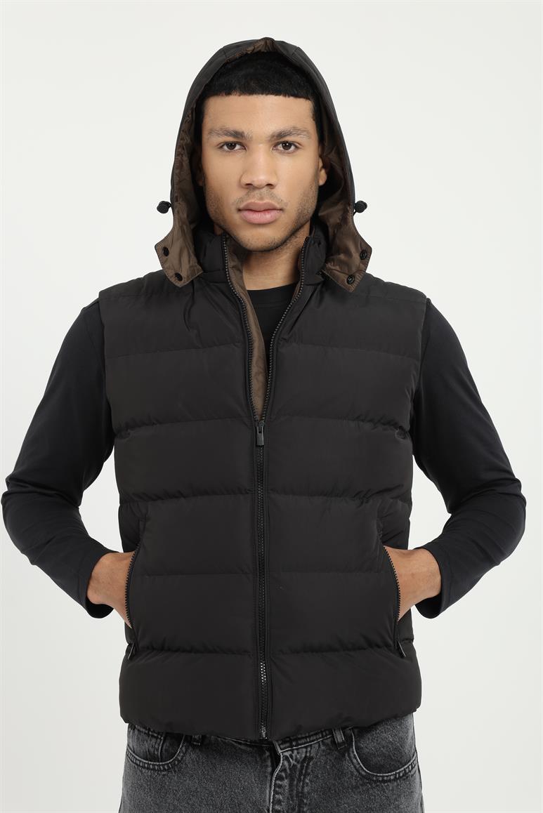 Siyah Slim Fit Şişme Kapüşonlu Erkek Yelek Mont