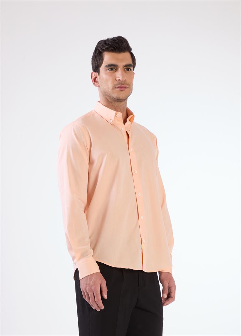 Turuncu Erkek Regular Fit Düz Brent Düğmeli Yaka Uzun Kol Gömlek 