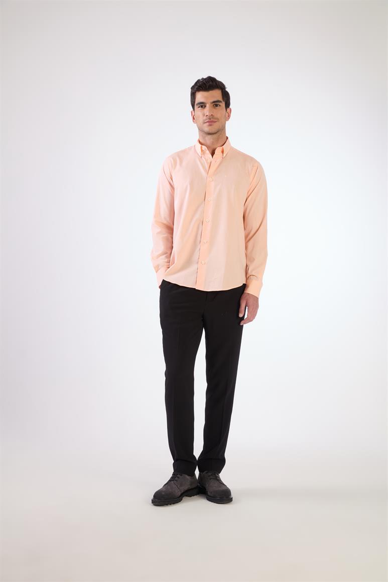 Turuncu Erkek Regular Fit Düz Brent Düğmeli Yaka Uzun Kol Gömlek 