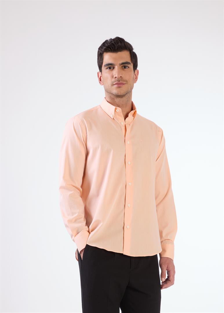 Turuncu Erkek Regular Fit Düz Brent Düğmeli Yaka Uzun Kol Gömlek 