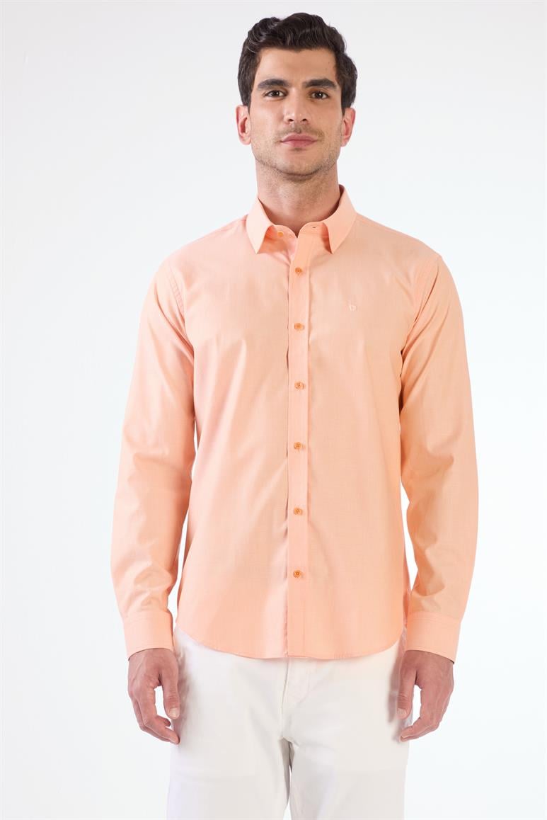 Turuncu Erkek Slim Fit Desenli Düğmeli Yaka Uzun Kol Gömlek