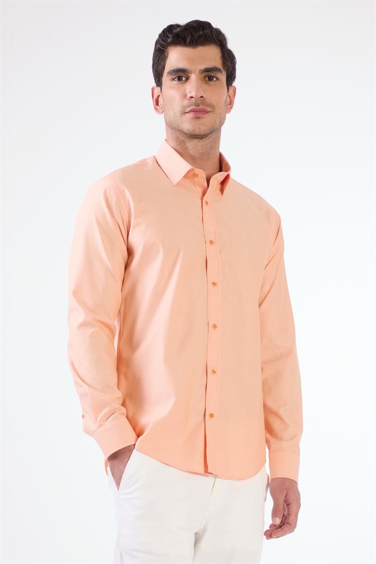 Turuncu Erkek Slim Fit Desenli Düğmeli Yaka Uzun Kol Gömlek