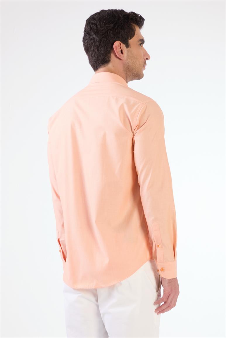 Turuncu Erkek Slim Fit Desenli Düğmeli Yaka Uzun Kol Gömlek