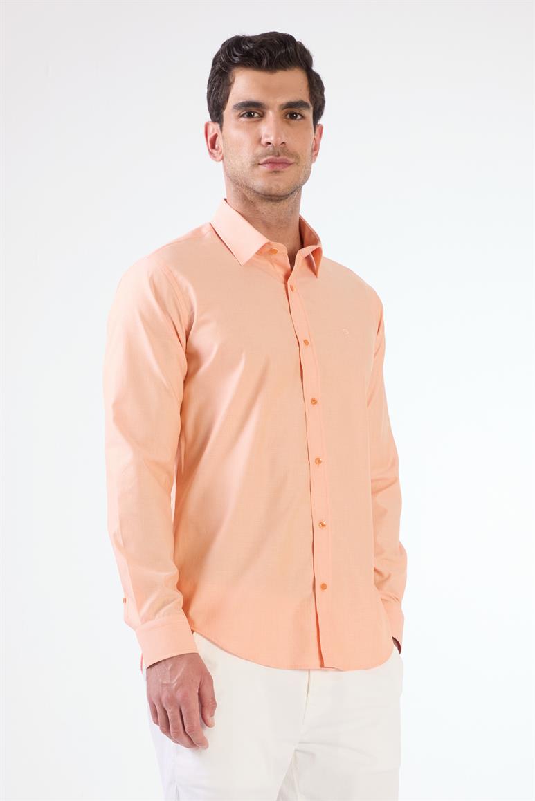 Turuncu Erkek Slim Fit Desenli Düğmeli Yaka Uzun Kol Gömlek