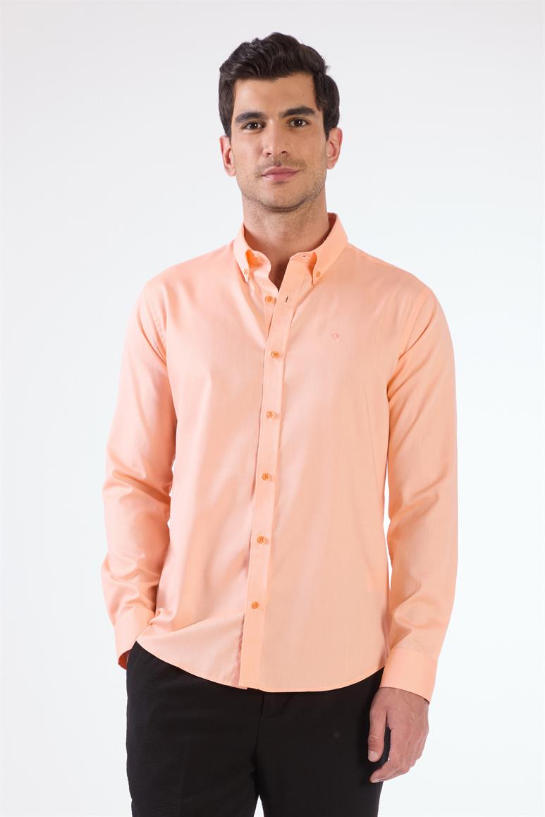 Turuncu Erkek Slim Fit Düz Brent Düğmeli Yaka Uzun Kol Gömlek - 102479