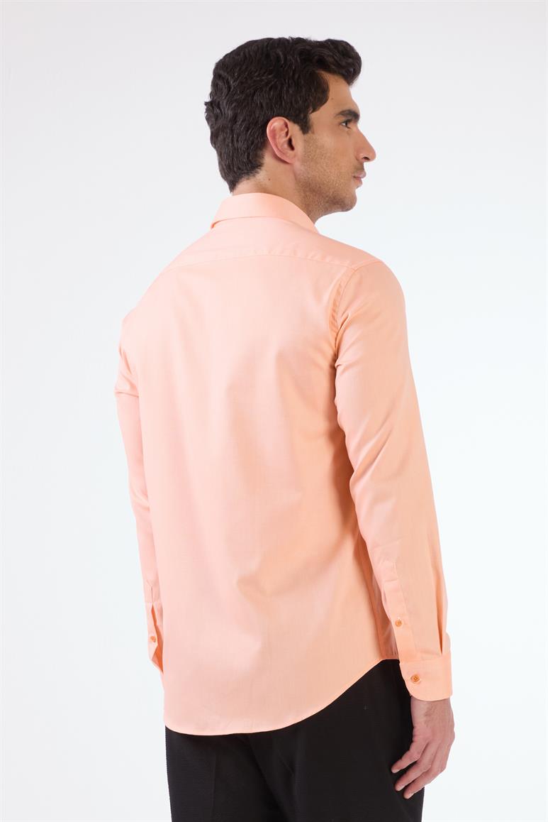 Turuncu Erkek Slim Fit Düz Brent Düğmeli Yaka Uzun Kol Gömlek - 102479