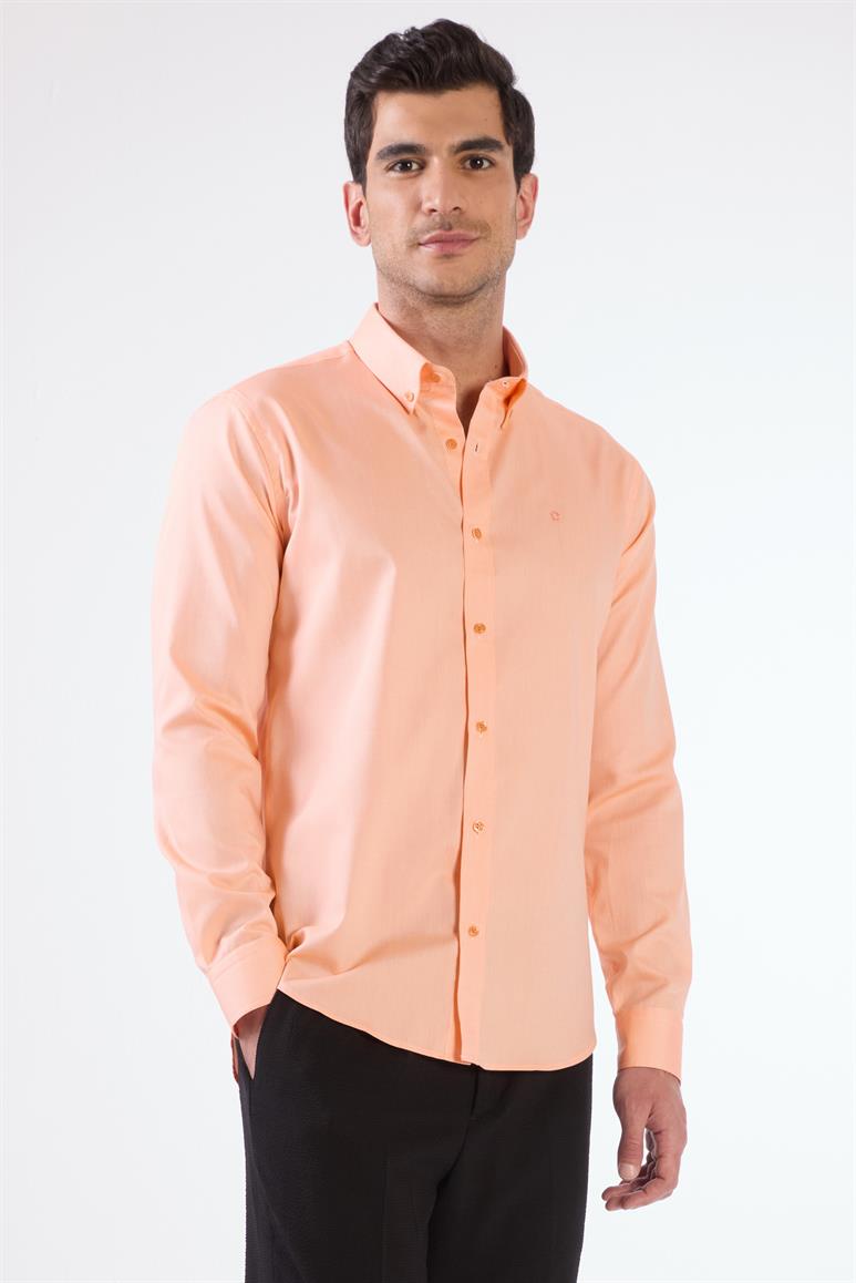 Turuncu Erkek Slim Fit Düz Brent Düğmeli Yaka Uzun Kol Gömlek - 102479