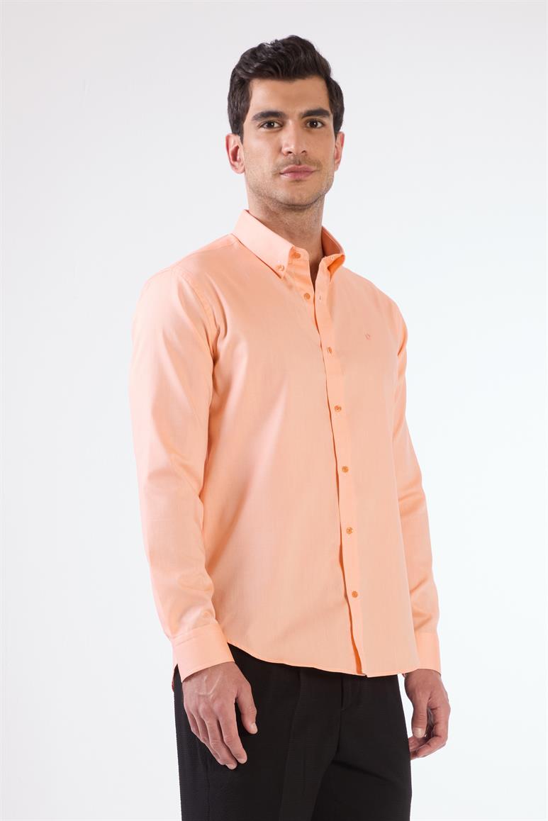 Turuncu Erkek Slim Fit Düz Brent Düğmeli Yaka Uzun Kol Gömlek - 102479