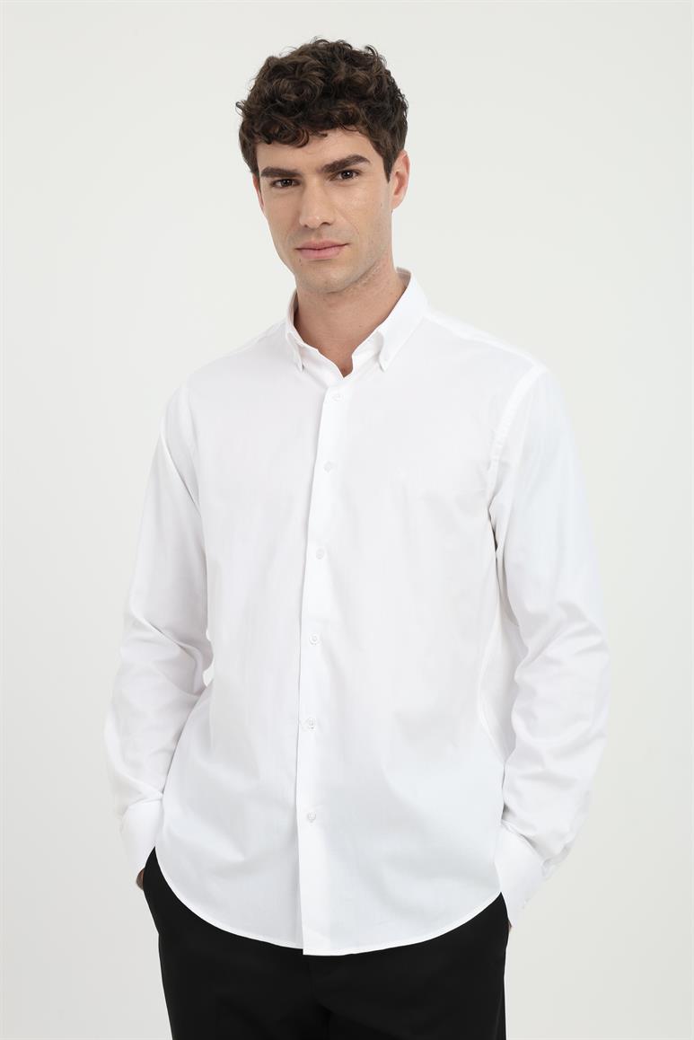 Beyaz Yaka Düğmeli Klasik Gömlek 
