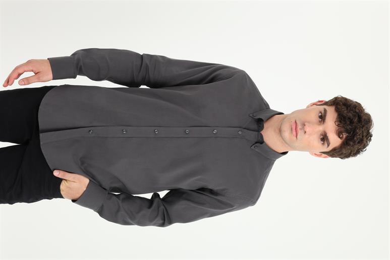 Koyu Gri Yaka Düğmeli Slim Fit Erkek Gömlek