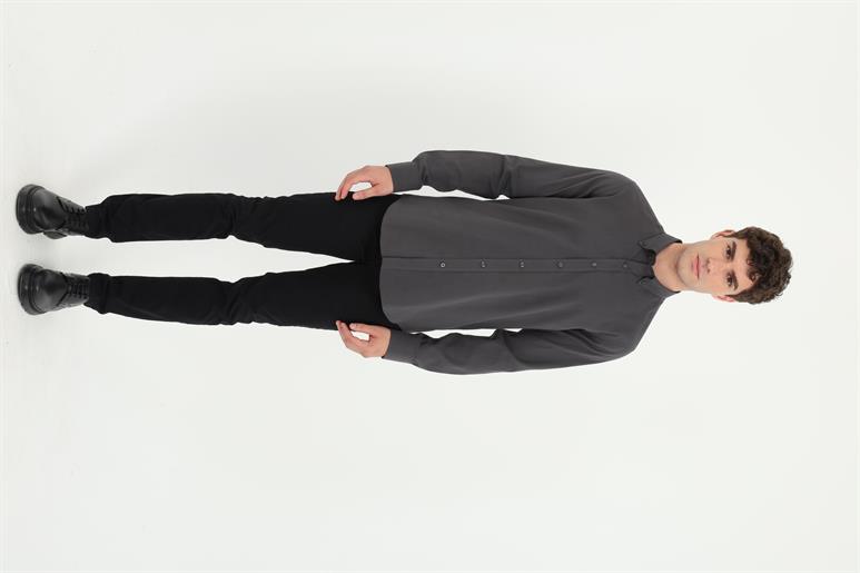 Koyu Gri Yaka Düğmeli Slim Fit Erkek Gömlek