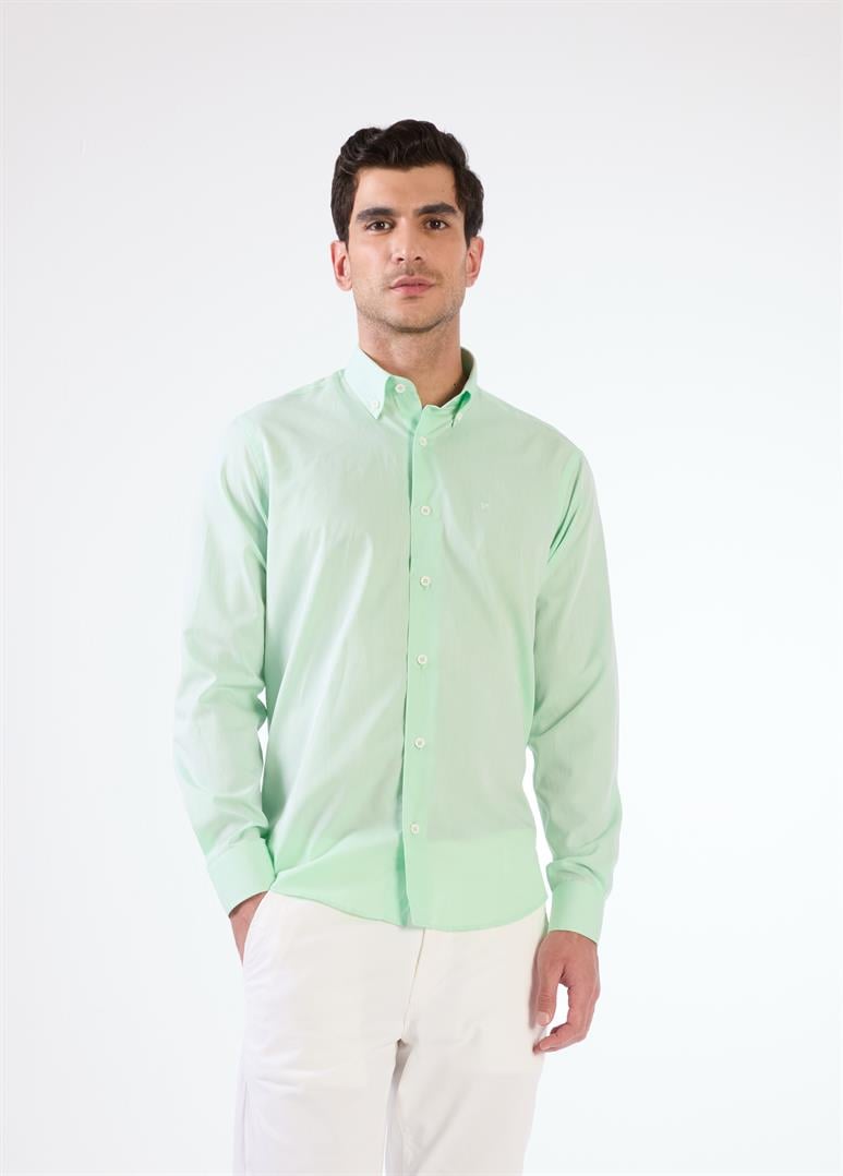 Yeşil Erkek Regular Fit Düz Brent Düğmeli Yaka Uzun Kol Gömlek 