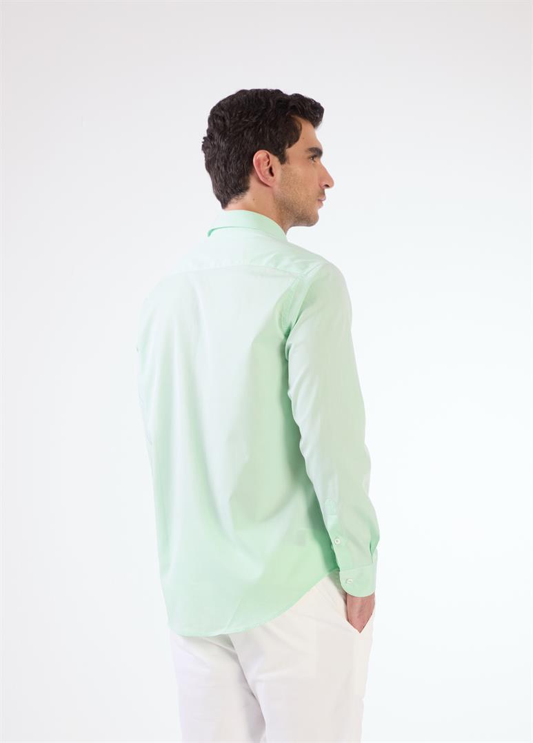 Yeşil Erkek Regular Fit Düz Brent Düğmeli Yaka Uzun Kol Gömlek 