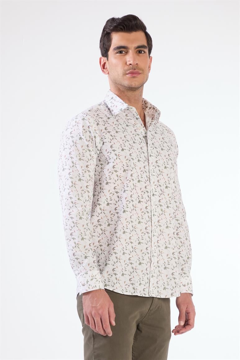Yeşil Erkek Slim Fit Çiçek Desenli Brent Yaka Uzun Kol Gömlek 