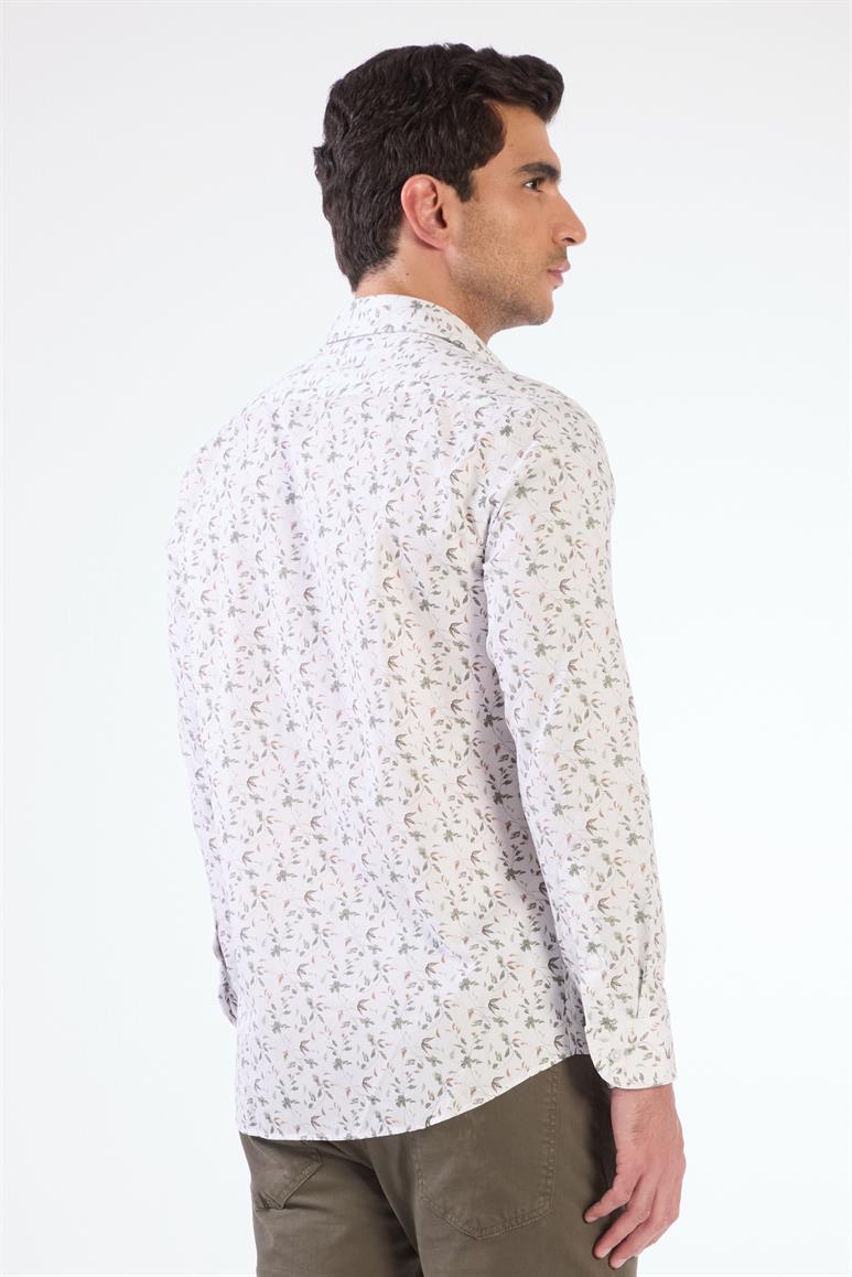 Yeşil Erkek Slim Fit Çiçek Desenli Brent Yaka Uzun Kol Gömlek 