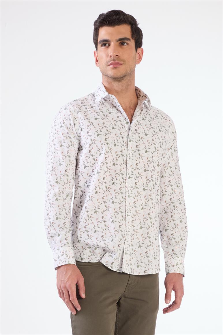 Yeşil Erkek Slim Fit Çiçek Desenli Brent Yaka Uzun Kol Gömlek 