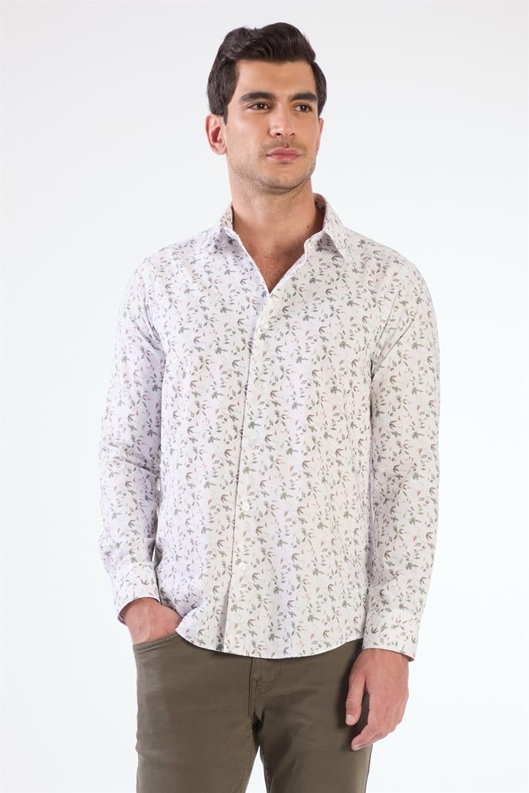 Yeşil Erkek Slim Fit Çiçek Desenli Brent Yaka Uzun Kol Gömlek 