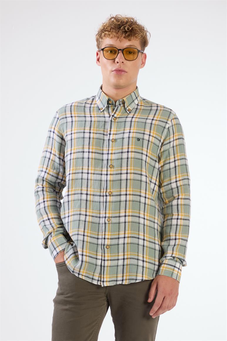 Yeşil Erkek Slim Fit Çiçek Desenli Klasik Yaka Uzun Kol Gömlek 