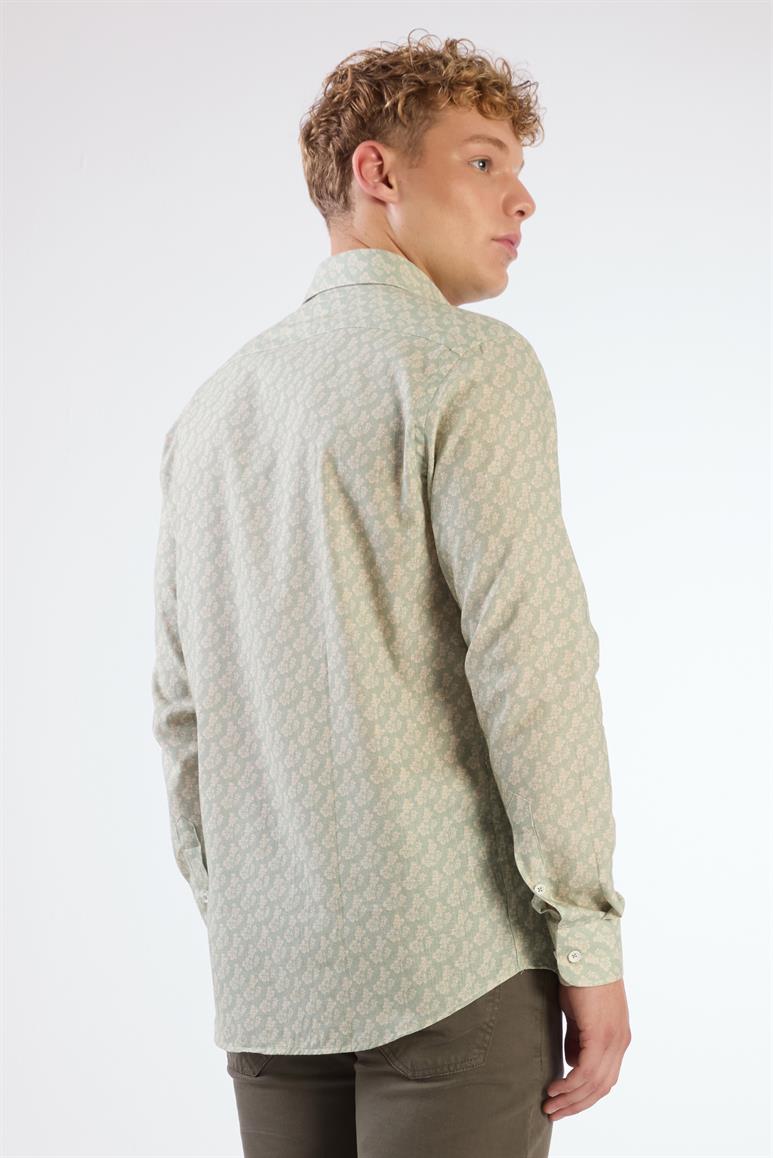 Yeşil Erkek Slim Fit Çiçek Desenli Klasik Yaka Uzun Kol Gömlek 