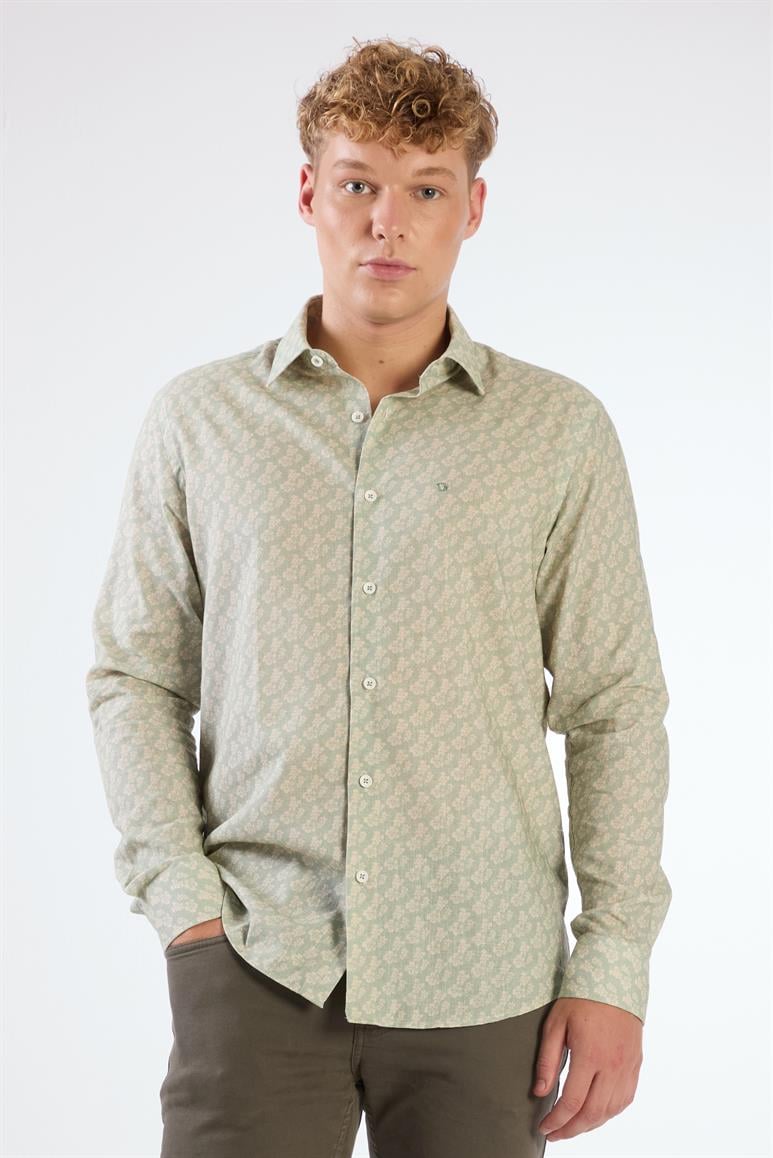 Yeşil Erkek Slim Fit Çiçek Desenli Klasik Yaka Uzun Kol Gömlek 