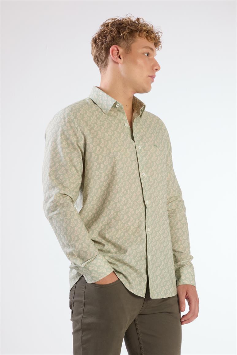 Yeşil Erkek Slim Fit Çiçek Desenli Klasik Yaka Uzun Kol Gömlek 