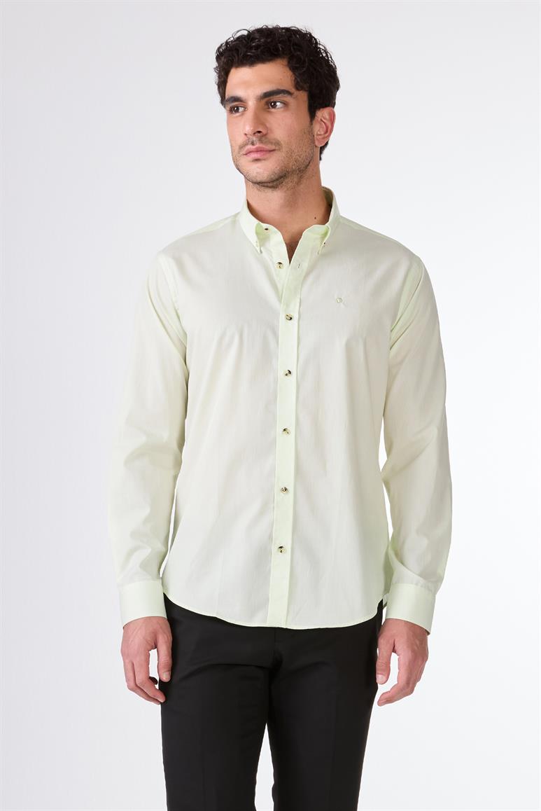 Yeşil Pamuklu  Brent Yaka Slim Fit Uzun Kol Erkek Gömlek