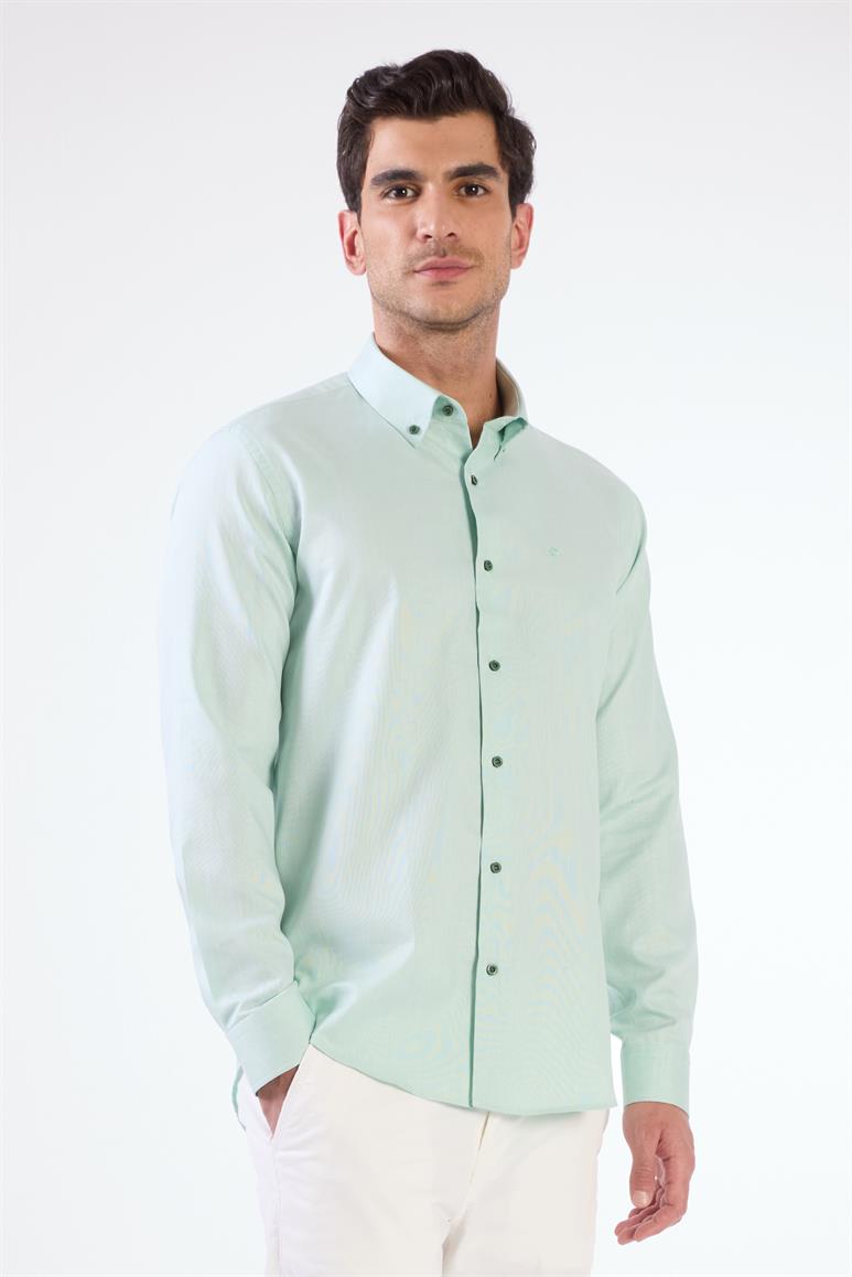 Yeşil Erkek Slim Fit Düz Düğmeli Yaka Uzun Kol Gömlek 