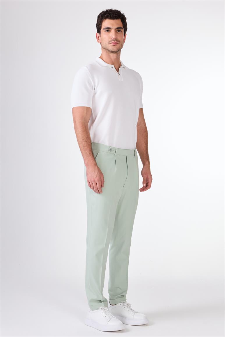 Yeşil Erkek Slim Fit Düz Pileli Pantolon 