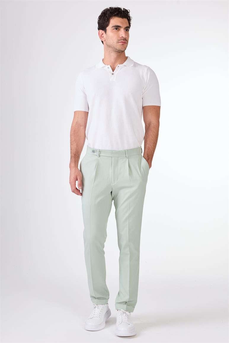 Yeşil Erkek Slim Fit Düz Pileli Pantolon 
