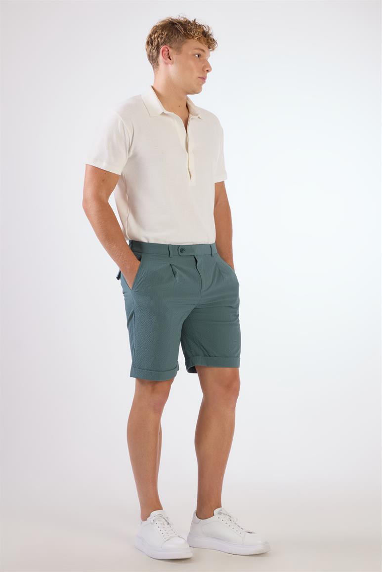 Yeşil Erkek Slim Fit Gofre Desenli Short 
