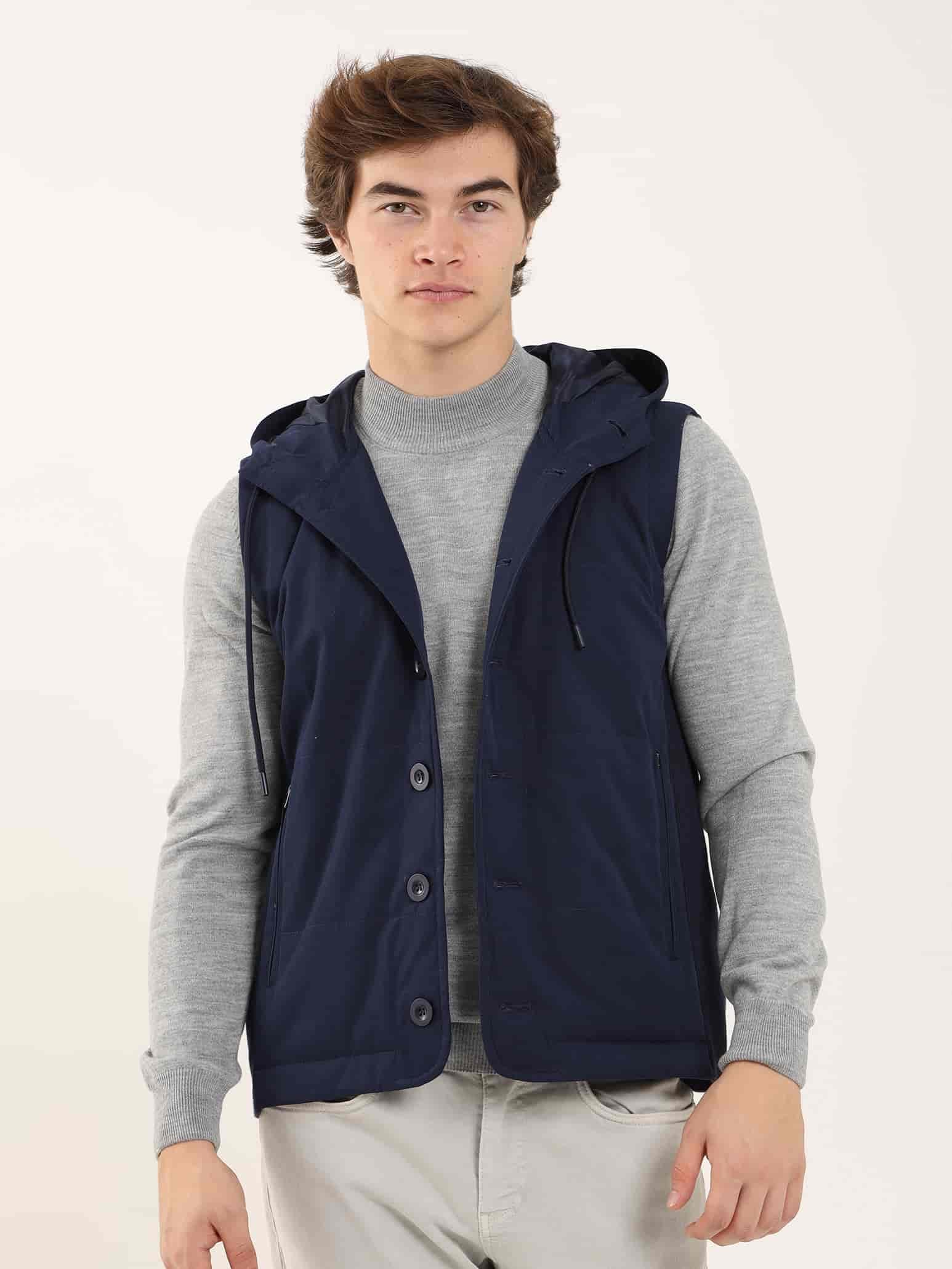 Erkek Slim Fit Kapüşonlu Lacivert Yelek Mont