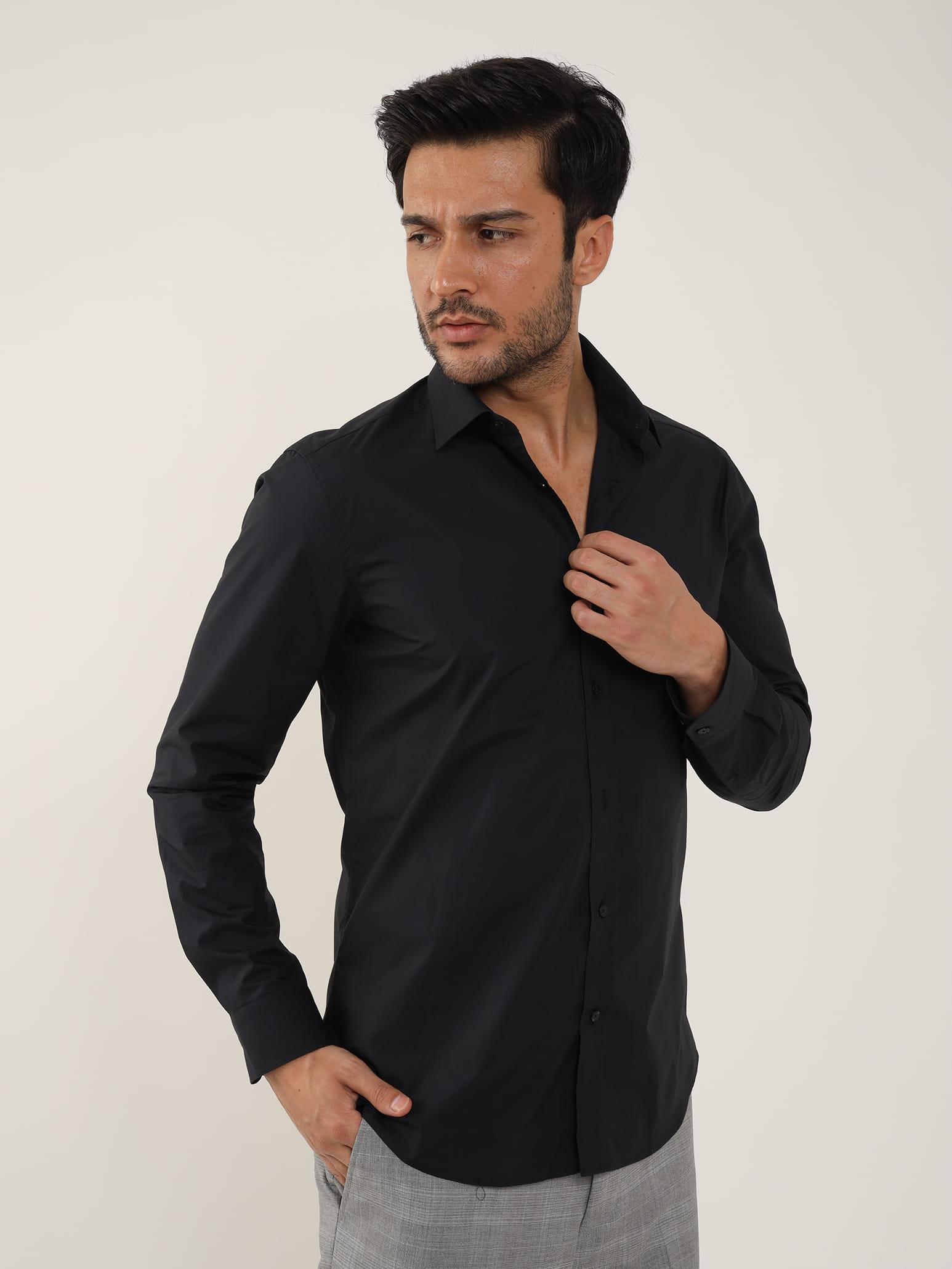 Erkek Slim Fit Uzun Kol Siyah Gömlek