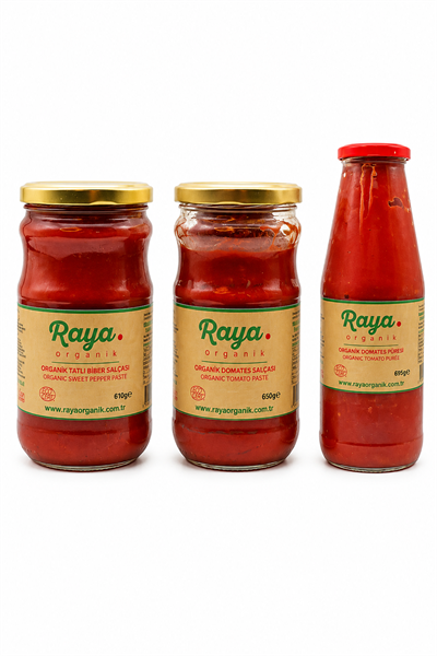 Organik Domates Salçası 650 g Biber Salçası 610 g Domates Püresi 695 g Set