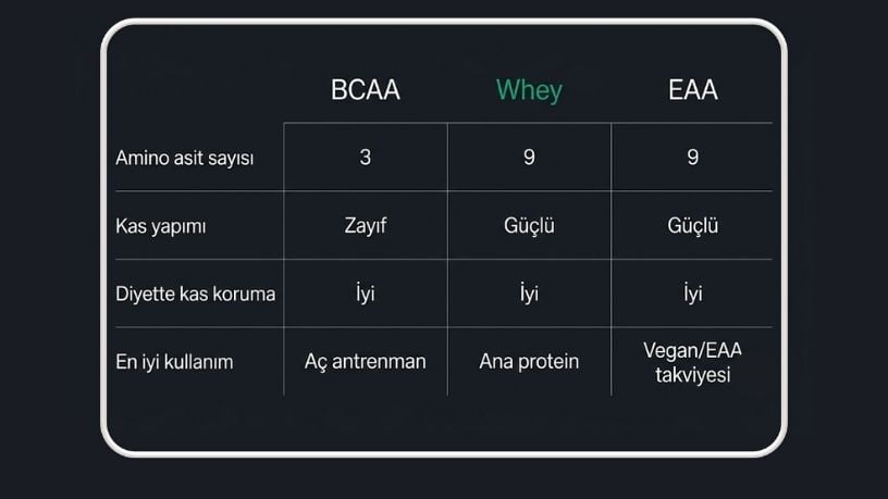 BCAA, whey ve EAA karşılaştırması: amino asit sayısı, kas yapımı, diyette kas koruma ve en iyi kullanım